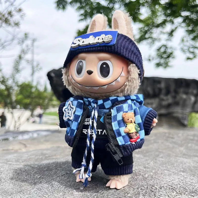 Cute Dress Outfit Clothes Only 17cm Pendant Blue Trendy Plaid Suit Keychain Labubu Doll Clothes Cute Clothing-8