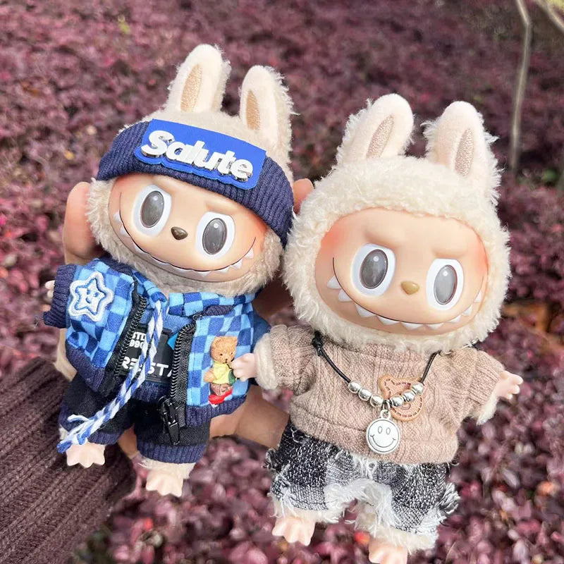 Cute Dress Outfit Clothes Only 17cm Pendant Blue Trendy Plaid Suit Keychain Labubu Doll Clothes Cute Clothing-0