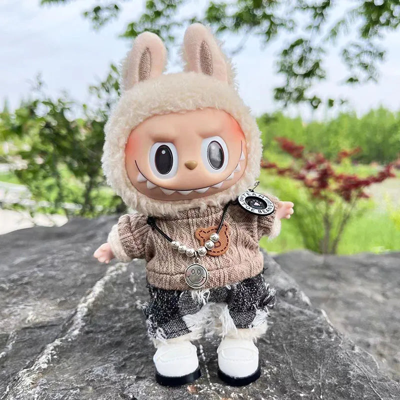 Cute Dress Outfit Clothes Only 17cm Pendant Blue Trendy Plaid Suit Keychain Labubu Doll Clothes Cute Clothing-3